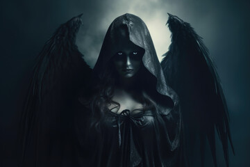 Fototapeta na wymiar Portrait of Fallen Angel Woman in Black Clothes, Hooded with Wings. AI generative. Angel of Death.