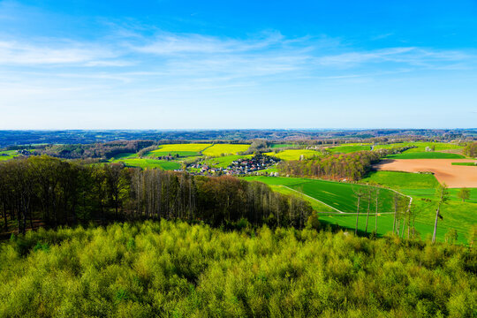 Landscape at Ebberg near Balve. Green nature with forests and meadows.
