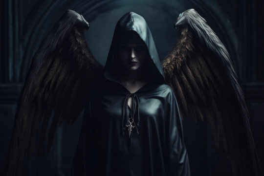 Portrait of Death Angel Woman in Black Clothes, Hooded with Wings. AI generative. Fallen Angel.