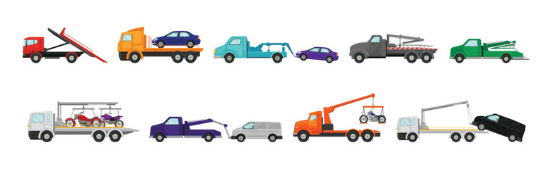 Tow Truck or Wrecker as Lorry Moving Disabled or Improperly Parked Motor Vehicle Vector Set