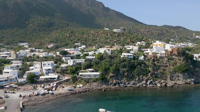 This aerial drone video shows the small island of Panarea, part of the aeolian islands in southern Italy. This archipel is close by Sicily in the mediterranean sea.