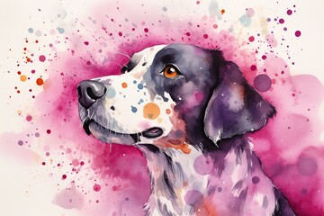 Colored watercolor illustration of a cute beautiful dog in pink colors. Generative AI