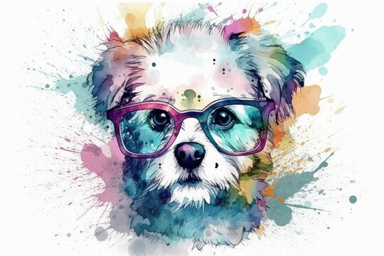 Watercolor illustration of a dog with glasses on a white background with splashes of paint. Generative AI