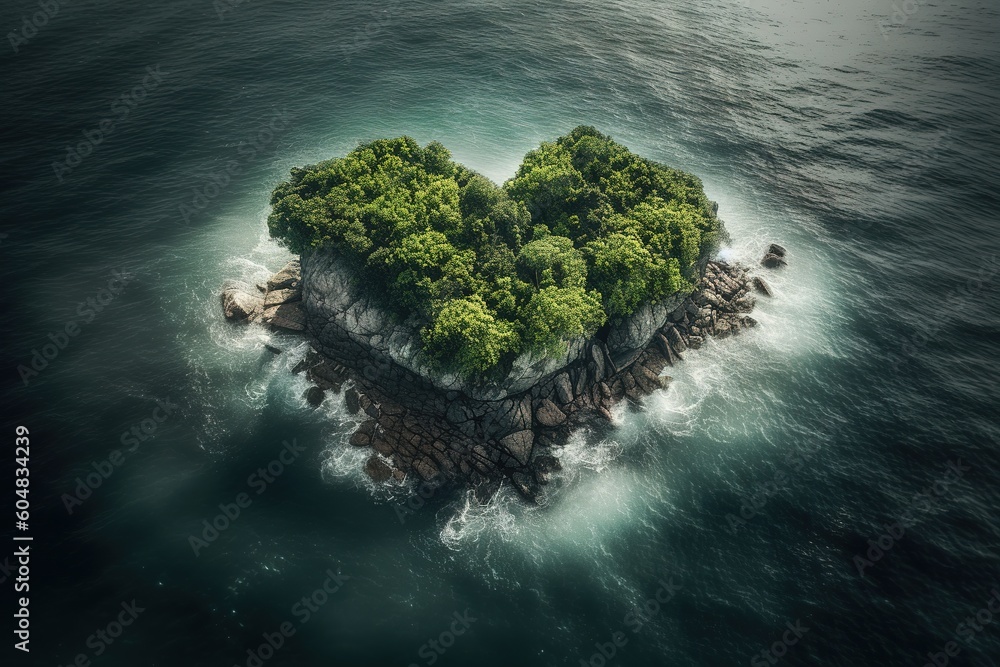Poster a little island in the form of a heart located in the midst of the ocean generative ai