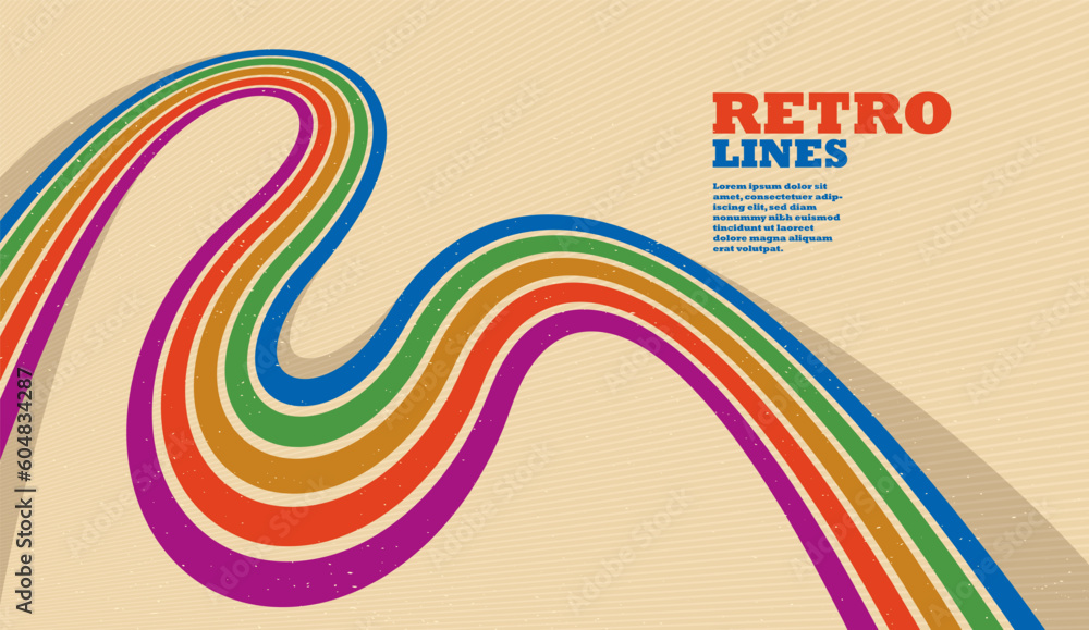 Poster retro style abstract background with curve lines in all colors of rainbow, 3d dimensional seventieth