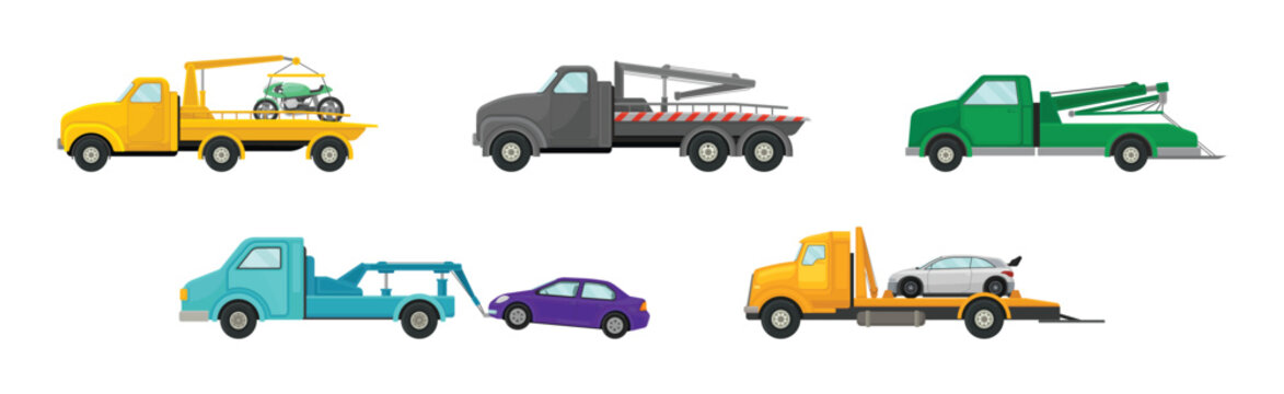 Tow Truck or Wrecker as Lorry Moving Disabled or Improperly Parked Motor Vehicle Vector Set © Happypictures