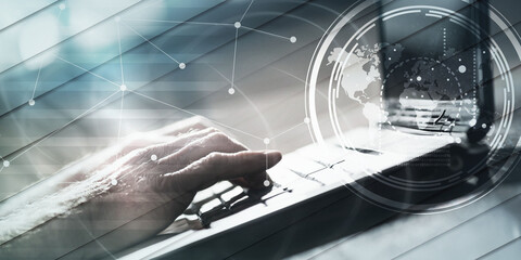 Hands using a laptop, hard light effect, overlayed with graph, geometric pattern