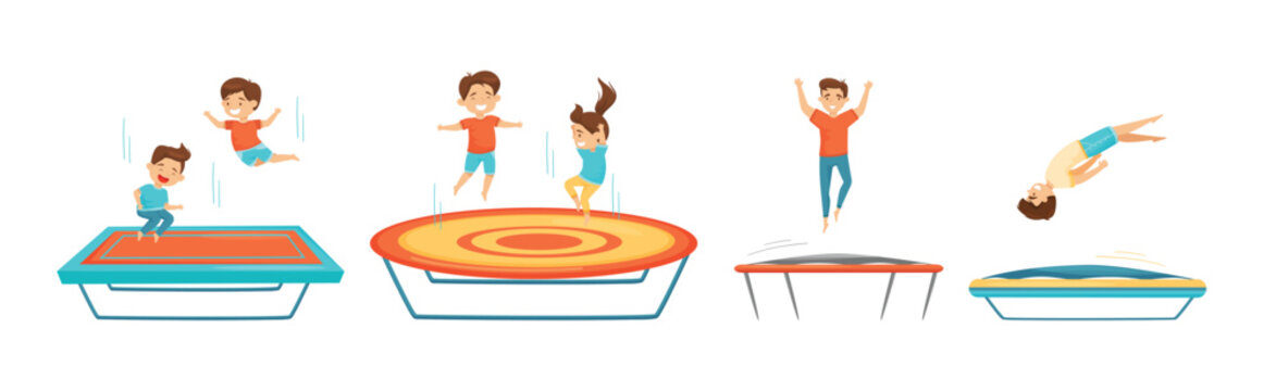 Happy Kids Jumping on Trampoline Bouncing and Having Fun Vector Set