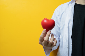 Doctor hand holding red heart on yellow background Cardiology, medicine, donation and healthcare...