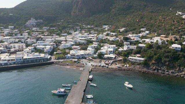 This aerial drone video shows the small island of Panarea, part of the aeolian islands in southern Italy. This archipel is close by Sicily in the mediterranean sea.