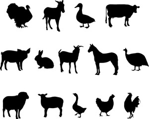 Collection with fonsiluet rural animals on white background. Rural nature background. Vector collection. Vector summer illustration. Vector illustration design. Agriculture background.