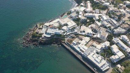 This aerial drone video shows the small island of Panarea, part of the aeolian islands in southern Italy. This archipel is close by Sicily in the mediterranean sea.