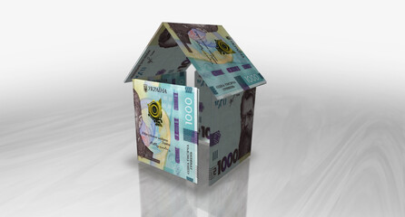 Ukrainian Hryvnia 1000 UAH money banknotes paper house on the table 3d illustration