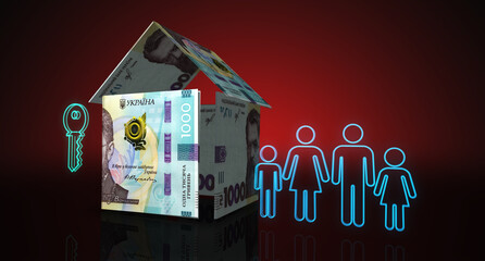 Ukrainian Hryvnia 1000 UAH money banknotes paper house on the table 3d illustration