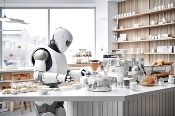 robotic barista making coffee in a futuristic cafe, ai tools generated image