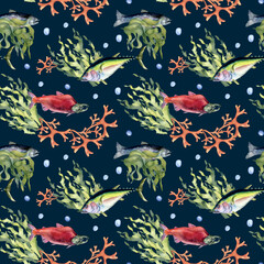 Various wild sea fish seamless pattern watercolor illustration isolated on black. Seaweeds, tuna, salmon, coho, sea plants hand drawn. Design element for textile, packaging, paper, wrapping, banner