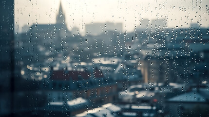 View of the city through a window with raindrops, generative AI.