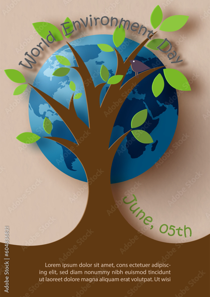 Poster origami and paper cut in tree shape with giant global and wording of world environment day on light 