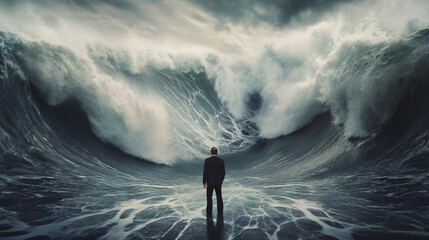 A man standing in front of a wave that has a dark blue circle with a spiral in the middle.