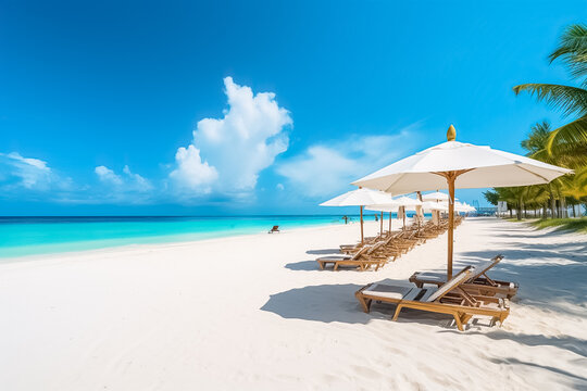 White sand, chairs and umbrella travel tourism background concept. 