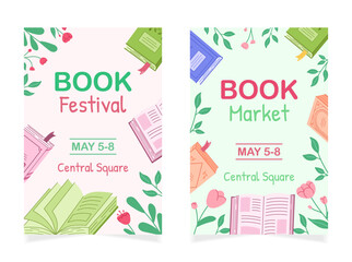 Set of two posters with books to advertise a literary market or festival. Templates with books and flowers for book advertising, bookstore sale. Hand drawn vector illustration.