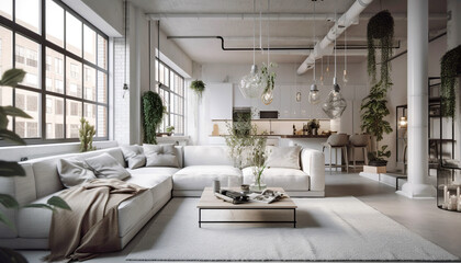 Fototapeta na wymiar White kitchen in loft studio apartment. Interior design of modern living room. Created with generative AI