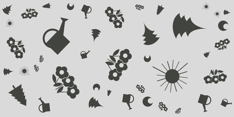 Texture of Black Flowers, Trees, Watering Cans and Suns - Pattern on Grey Wide Scale Background Seasonal Wallpaper Design, Template for Web in Editable Vector Format