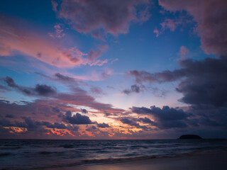 aerial view scene romantic sunset at Kata Noi beach Phuket. .abstract colorful clouds Sky texture in nature background..Sunset with bright colorful light rays and other atmospheric effects..