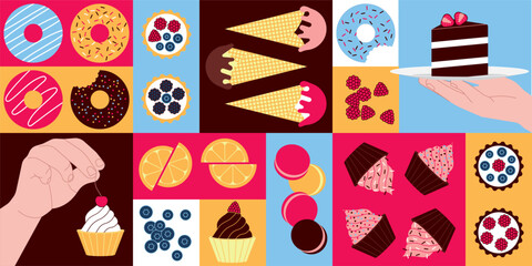 Sweets pattern. Background with donuts, muffins, cupcakes, ice cream, macaroons.
