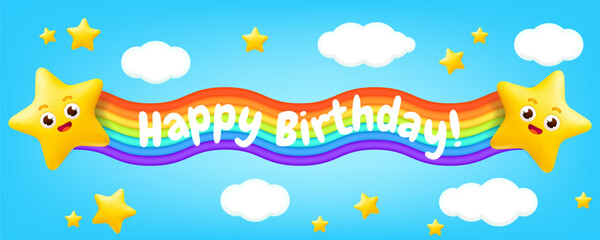 3D vector illustration of a cute cartoon rainbow frame flying through a pastel blue sky with stars, clouds. Rainbow flag. Perfect for children's designs, birthday banners, and party invitations. 