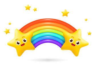A 3D vector illustration of a rainbow arc with 3d cartoon stars with cute faces, and a little stars. Perfect for cards, posters, banner designs. Ideal for birthday parties, room decoration. Isolated 