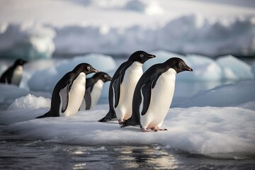 Obraz premium Cute little penguins on an ice floe about to jump into the water. Generative AI