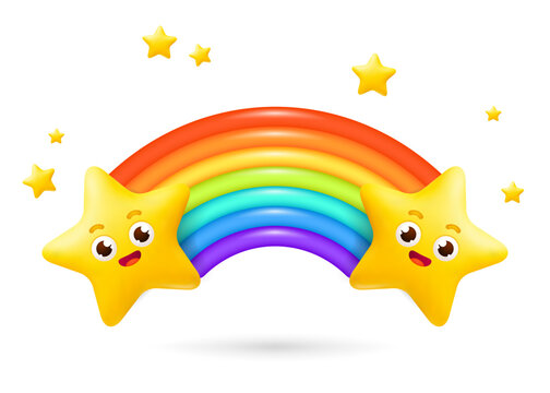A 3D vector illustration of a rainbow arc with 3d cartoon stars with cute faces, and a little stars. Perfect for cards, posters, banner designs. Ideal for birthday parties, room decoration. Isolated 
