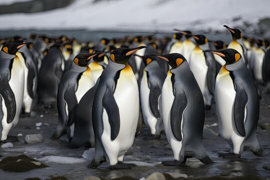 Large colony of emperor penguins in their natural habitat. Generative AI