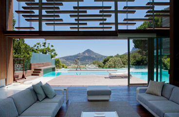 View of swimming pool and mountains