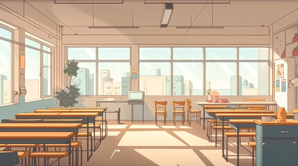 An empty school class, an empty room with desks, generative AI.