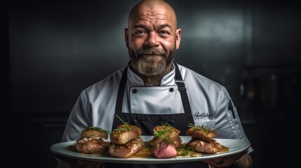 Concentrated male chef garnishing food in kitchen. Generative AI.