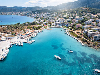 Fototapeta na wymiar Aerial view of the village Porto Rafti, east of Athens, Greece, popular destination for tourists and weekenders