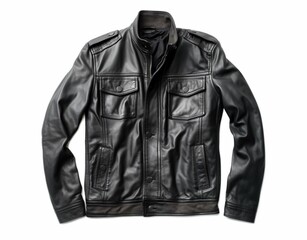Black leather jacket casual style isolated on white background. Generative AI - obrazy, fototapety, plakaty