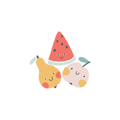 Naklejka premium Tropical cute fruits composition. Hand drawn simple doodle style cartoon for kids. Baby characters with smiles. The pastel trend palette is perfect for printing. Vector isolate illustration.