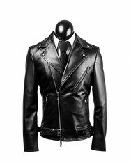 Full shot of black leather jacket casual style isolated on white background.