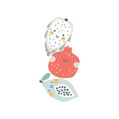 Tropical cute fruits composition. Hand drawn simple doodle style cartoon for kids. Baby characters with smiles. The pastel trend palette is perfect for printing. Vector isolate illustration.