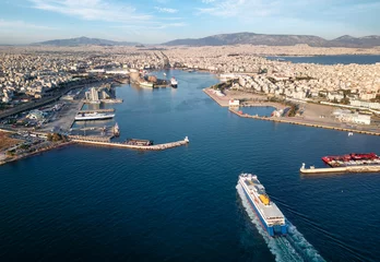 Poster Aerial view of the Piraeus harbour and district at Athens, Greece, hub for tourists and ferry boats © moofushi