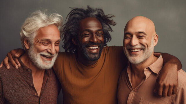 Three senior friends strike a joyful pose against a studio backdrop. Generative AI