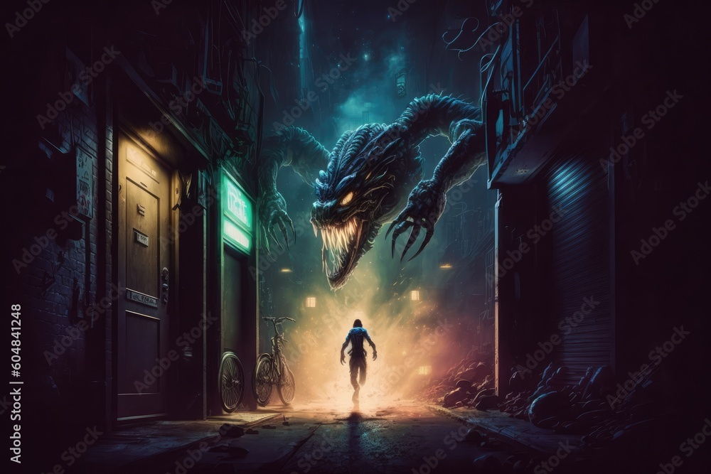 Wall mural alien blaster running through dark and mysterious alleyway in the night, created with generative ai