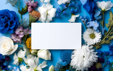 A blank white card surrounded by vibrant summer flowers in blue, white and yellow colors. Copy space, greeting card. Shallow depth of field, Illustrative Generative AI.