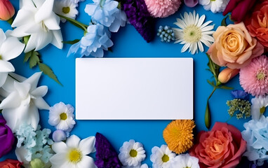 A blank white card surrounded by vibrant summer flowers in blue, white and yellow colors. Copy space, greeting card. Shallow depth of field, Illustrative Generative AI.