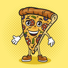 cartoon pizza slice character pinup pop art retro raster illustration. Comic book style imitation.