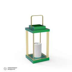 A green and gold lantern with a white bag of water in the middle.