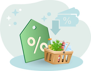 Sale illustration. Basket, products, percent, label. Editable vector graphic design.
